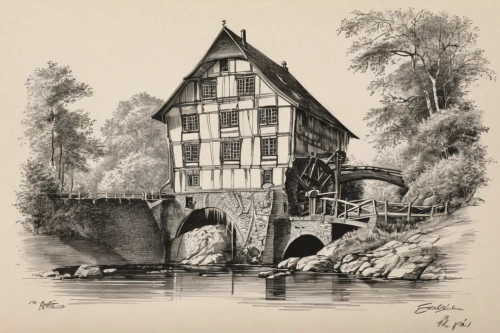 moret-sur-loing,wissembourg,luneburg,pont saint-bénézet,dutch mill,tübingen,water mill,hattingen,l'isle-sur-la-sorgue,wasserburg am inn,old mill,source de la sorgue,lower franconia,bamberg,monschau,lithograph,landsberg,heidelberger schloss,miltenberg,neckar,Illustration,Black and White,Black and White 34