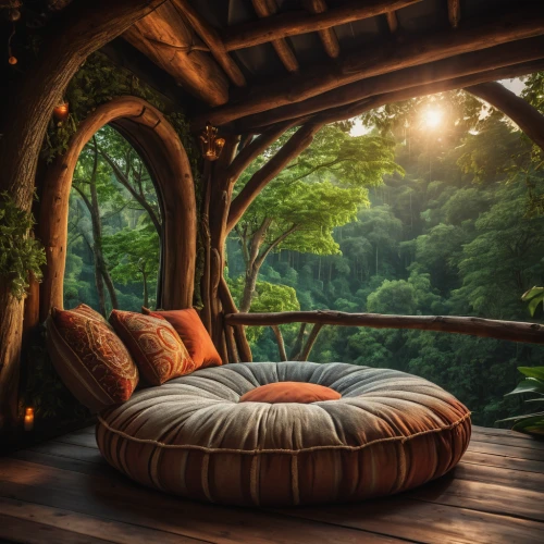 canopy bed,tree house hotel,tree house,treehouse,porch swing,hammock,outdoor sofa,hobbiton,bed in the cornfield,sleeping pad,sleeping room,chaise lounge,chaise longue,sleeper chair,four-poster,hideaway,outdoor furniture,baby bed,garden bench,roof landscape,Photography,General,Fantasy