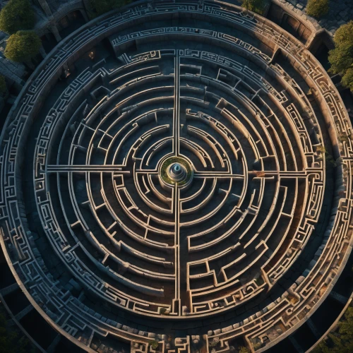 labyrinth,maze,manhole,yantra,panopticon,ancient city,circular puzzle,time spiral,japanese zen garden,concentric,stargate,circular ornament,aerial landscape,spiral,circle around tree,i ching,manhole cover,wormhole,the center of symmetry,zen garden,Photography,General,Fantasy