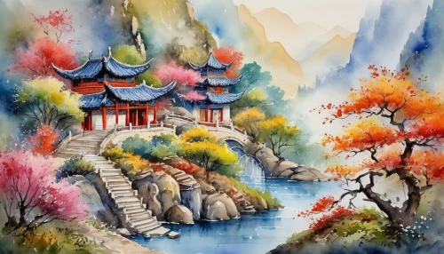 chinese art,oriental painting,watercolor background,chinese temple,landscape background,chinese background,khokhloma painting,mountain scene,guilin,autumn landscape,huashan,yunnan,guizhou,wuyi,oriental,huangshan maofeng,forbidden palace,mountain landscape,watercolor tea shop,nước chấm,Illustration,Paper based,Paper Based 24