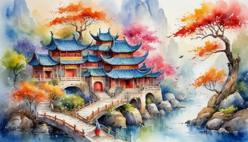 watercolor background,chinese art,watercolor,watercolor tea shop,watercolor painting,chinese architecture,autumn landscape,chinese temple,watercolor shops,watercolor leaves,watercolors,asian architecture,watercolor paint,fantasy landscape,fairy tale castle,autumn background,forbidden palace,oriental painting,autumn scenery,water colors,Illustration,Paper based,Paper Based 24