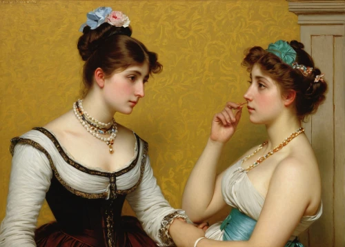 young women,two girls,bougereau,courtship,conversation,emile vernon,young couple,the victorian era,gift of jewelry,beauty salon,the listening,bouguereau,talking,the girl's face,vintage girls,victorian fashion,girl kiss,girl talk,debutante,chatting,Illustration,Realistic Fantasy,Realistic Fantasy 26