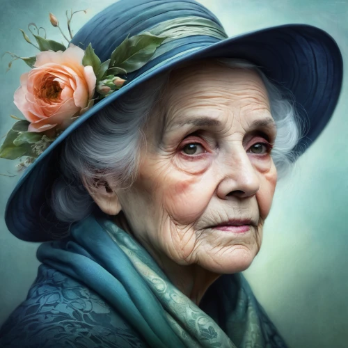 elderly lady,old woman,elderly person,grandmother,old age,portrait background,senior citizen,pensioner,elder,older person,romantic portrait,old person,woman portrait,photoshop manipulation,the hat of the woman,grandma,granny,fantasy portrait,vintage female portrait,elderly,Illustration,Realistic Fantasy,Realistic Fantasy 15