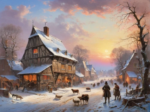 winter village,winter landscape,christmas landscape,snow scene,half-timbered houses,winter house,snow landscape,alpine village,mountain village,wooden houses,village scene,winter morning,nativity village,village life,half-timbered house,snowy landscape,medieval town,bremen town musicians,winter background,korean village snow,Illustration,Realistic Fantasy,Realistic Fantasy 20