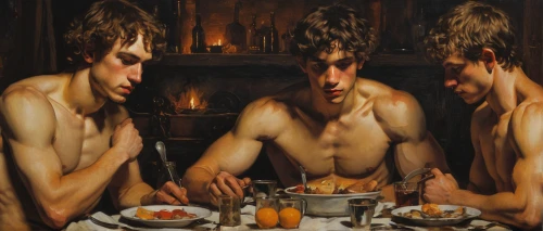 appetite,narcissus,narcissus of the poets,mirror image,hunger,gluttony,men sitting,nourishment,last supper,mirrors,the mirror,christ feast,smouldering torches,anticuchos,oils,candlemaker,holy supper,cannibals,neanderthals,self-reflection,Art,Classical Oil Painting,Classical Oil Painting 06