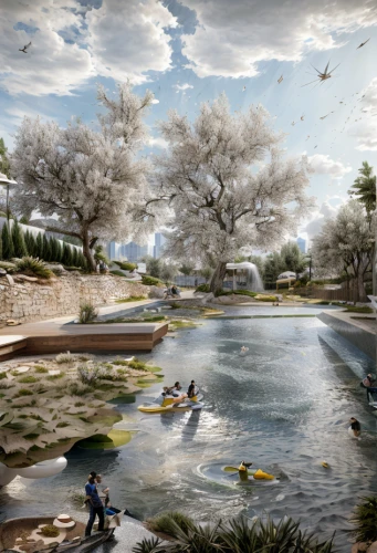 river of life project,salt meadow landscape,landscape designers sydney,landscape design sydney,japanese cherry trees,artificial islands,sake gardens,artificial island,the cherry blossoms,cherry trees,landscape plan,riverbank,flowering trees,wetlands,the golf valley,wetland,jordan river,riparian zone,3d rendering,sakura trees