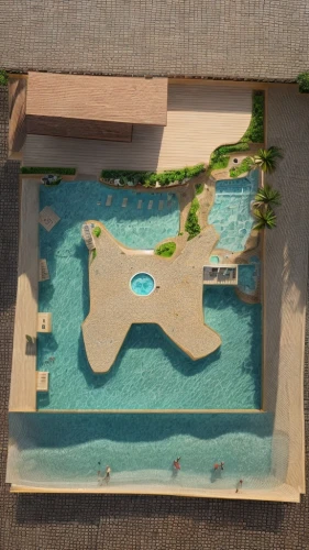 swimming pool,outdoor pool,resort,swim ring,roof top pool,infinity swimming pool,aerial view of beach,pool bar,scale model,dug-out pool,the hotel beach,beach resort,pool house,jumeirah beach hotel,artificial island,overhead view,iberostar,nusa dua,punta-cana,3d rendering,Common,Common,Natural