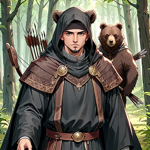 nordic bear,bear guardian,ursa,game illustration,robin hood,friar,bear,scandia bear,druid,spectacled bear,bearskin,forest man,cub,great bear,quarterstaff,bear cub,woodsman,woodland animals,archer,little bear,Anime,Anime,General