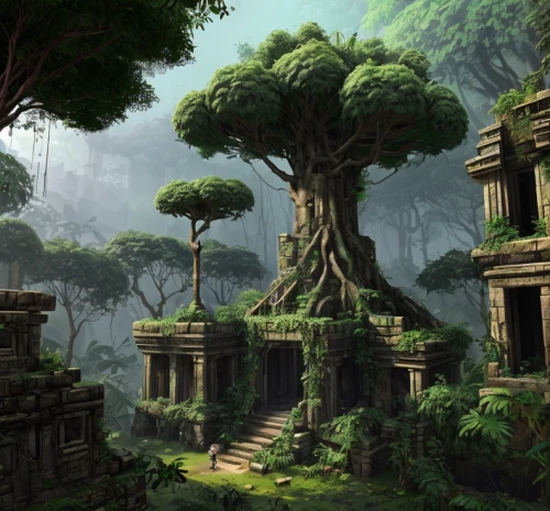 ancient city,mushroom landscape,ancient buildings,maya civilization,angkor,the ancient world,druid grove,fantasy landscape,rainforest,cartoon video game background,ancient,the ruins of the,cambodia,world digital painting,rain forest,ancient civilization,ancient house,maya city,green forest,artemis temple