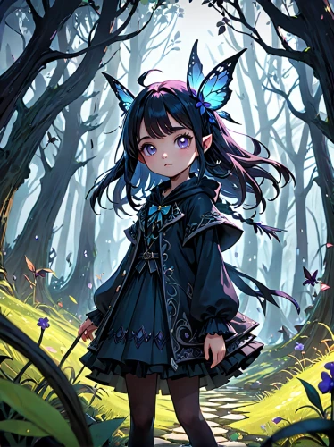 fae,vanessa (butterfly),child fairy,forest background,evil fairy,fairy forest,acerola,faerie,forest clover,bluebell,little girl fairy,ephedra,fairy tale character,crowberry,devilwood,forest dark,fairy world,butterfly background,elven forest,summoner,Anime,Anime,General