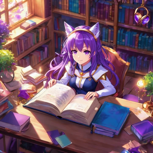 scholar,girl studying,bookworm,patchouli,reading,purple wallpaper,tutor,study room,tutoring,librarian,writing-book,to study,read a book,tea and books,reading room,relaxing reading,novels,celsus library,academic,coffee and books,Illustration,Japanese style,Japanese Style 03