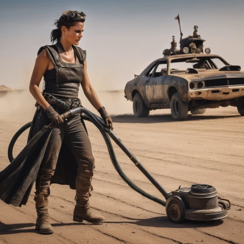 mad max,post apocalyptic,erbore,wasteland,burning man,cable innovator,off-road outlaw,stunt performer,hard woman,alien warrior,croft,girl and car,female warrior,warrior woman,junkyard,harnessed,renegade,sci fi,science-fiction,tyre pump,Photography,General,Natural