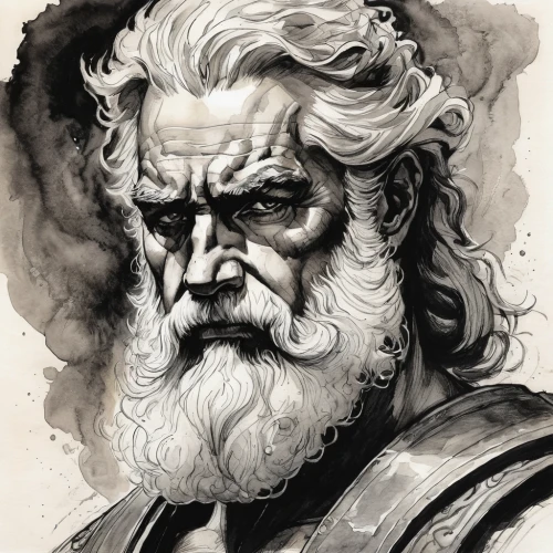 archimedes,odin,socrates,poseidon,moses,king lear,poseidon god face,zeus,pollux,2nd century,ulysses,thymelicus,the death of socrates,abraham,digital painting,white beard,old man,digital illustration,thracian,digital drawing,Illustration,Paper based,Paper Based 12