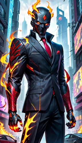 dark suit,fire background,a black man on a suit,steel man,android game,superhero background,city in flames,kingpin,suit,fire devil,the suit,white-collar worker,game illustration,black suit,suit actor,black businessman,supervillain,red super hero,businessman,gangstar,Anime,Anime,General