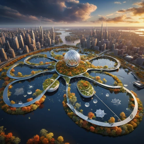 helipad,roof domes,artificial islands,artificial island,plant protection drone,futuristic architecture,the pictures of the drone,drone bee,mushroom island,quadcopter,sky space concept,futuristic art museum,flying drone,futuristic landscape,smart city,solar cell base,bee-dome,floating islands,drone,very large floating structure,Photography,Documentary Photography,Documentary Photography 22