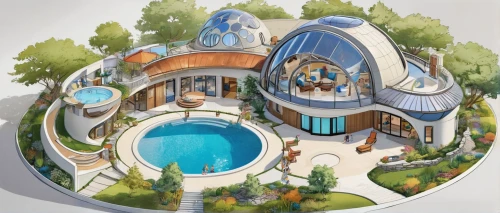 round house,resort town,floating island,roof domes,aqua studio,underwater playground,fairy tale castle,musical dome,eco hotel,round hut,houses clipart,artificial island,fantasy city,water park,fantasy world,igloo,holiday complex,escher village,floating islands,pool house,Unique,Design,Infographics