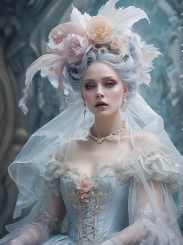 suit of the snow maiden,white rose snow queen,victorian lady,the snow queen,bridal clothing,the carnival of venice,fairy tale character,cinderella,fairy queen,faery,baroque angel,ice queen,victorian style,porcelain dolls,rococo,porcelain rose,fairytale characters,porcelain doll,ball gown,blue enchantress,Conceptual Art,Fantasy,Fantasy 24