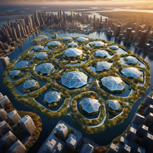 solar cell base,building honeycomb,artificial island,tianjin,artificial islands,honeycomb structure,futuristic architecture,terraforming,hexagons,futuristic landscape,roof domes,water cube,dhabi,largest hotel in dubai,abu dhabi,zhengzhou,metropolis,sky space concept,doha,bee-dome,Photography,Documentary Photography,Documentary Photography 22