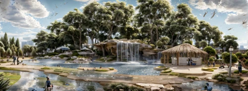 fairy village,3d rendering,rotorua,fairy world,artificial island,lagoon,nature garden,mud village,landscape designers sydney,3d fantasy,fantasy world,urban park,knight village,diamond lagoon,fantasy city,artificial islands,the old botanical garden,loro park,aurora village,elves flight