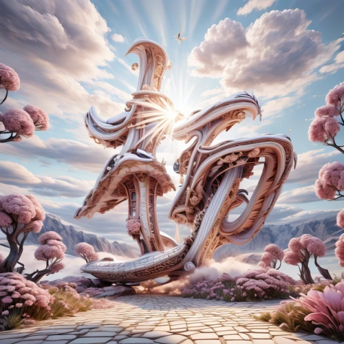 3d fantasy,nine-tailed,flourishing tree,mushroom landscape,japanese sakura background,fantasy picture,dragon tree,magic tree,fantasy landscape,tree of life,sakura tree,the mystical path,fantasy art,fairy chimney,fractals art,blossom tree,flow of time,薄雲,celtic tree,heaven gate