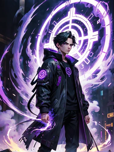 yukio,dodge warlock,cg artwork,wuchang,kai,sci fiction illustration,sigma,game illustration,zodiac sign libra,spiral background,summoner,plasma bal,purple,ultraviolet,cyber,mage,purple background,raven rook,libra,magistrate,Anime,Anime,General