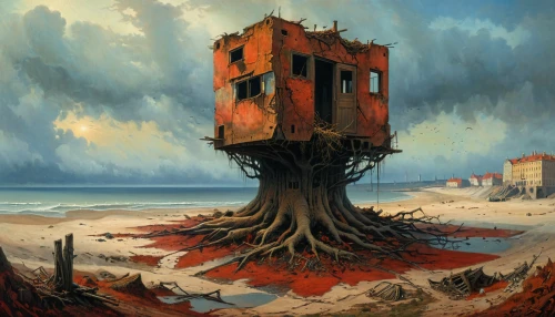 tower of babel,tree house,uprooted,treehouse,watchtower,ghost forest,ghost castle,deforested,dead tree,flotsam and jetsam,the roots of trees,gnarled,orange tree,nature's wrath,tree stump,post-apocalyptic landscape,strange tree,surrealism,burning tree trunk,threshed,Photography,General,Natural