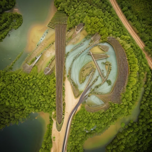 highway roundabout,race track,72 turns on nujiang river,river course,meanders,nürburgring,raceway,winding roads,mosel loop,river delta,racetrack,aerial landscape,inland port,cloverleaf,interstate,roundabout,infrastructure,highway bridge,oxbow lake,flyover,Realistic,Landscapes,River Landscape