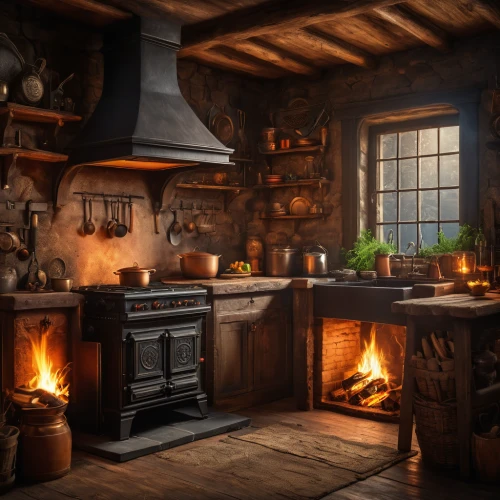 victorian kitchen,wood-burning stove,wood stove,vintage kitchen,fireplaces,tile kitchen,the kitchen,hearth,kitchen stove,kitchen,kitchen interior,dark cabinetry,chefs kitchen,big kitchen,cookery,masonry oven,candlemaker,kitchen design,fireplace,stove,Photography,General,Fantasy