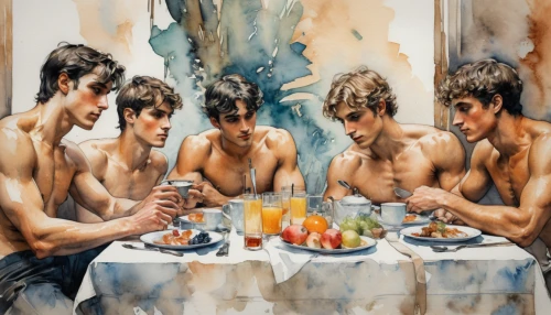 italian painter,narcissus,breakfast table,art painting,meticulous painting,narcissus of the poets,last supper,aperitif,glass painting,juices,photo painting,four seasons,breakfast buffet,breakfast hotel,oil painting on canvas,oil painting,male youth,cuisine of madrid,appetite,popular art,Illustration,Paper based,Paper Based 25