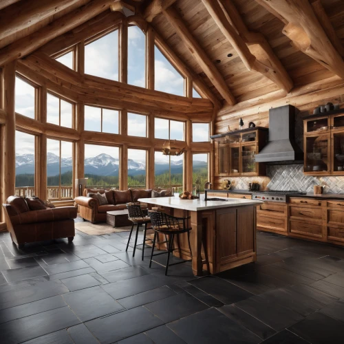 the cabin in the mountains,big kitchen,tile kitchen,kitchen design,log home,modern kitchen,wooden windows,modern kitchen interior,kitchen interior,wooden beams,log cabin,house in the mountains,alpine style,house in mountains,chalet,kitchen table,dark cabinetry,kitchen counter,dark cabinets,countertop,Photography,General,Natural