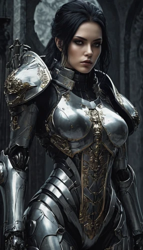female warrior,breastplate,heavy armour,knight armor,massively multiplayer online role-playing game,cuirass,heroic fantasy,swordswoman,joan of arc,dark elf,paladin,armored,sterntaler,armour,armor,fantasy warrior,warrior woman,armored animal,gothic fashion,gothic woman,Illustration,Realistic Fantasy,Realistic Fantasy 46
