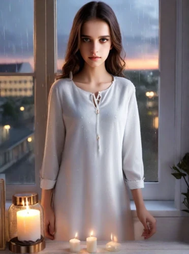 white winter dress,romantic look,angelic,candlelights,angel,nightgown,candlelight,white clothing,necklace,candle light,white rose snow queen,white silk,christmas angel,samara,candle,chandelier,angel girl,long-sleeved t-shirt,nightwear,priestess