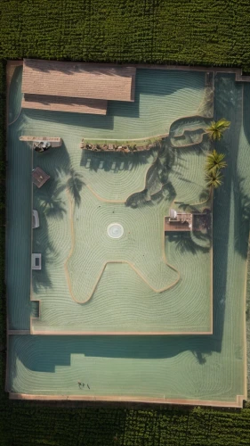 aerial view of beach,swimming pool,scale model,miniature golf,outdoor pool,diorama,swim ring,dug-out pool,mini golf course,the hotel beach,model house,beach resort,pool house,zen garden,overhead view,golf resort,holiday villa,resort,drone image,aerial shot,Architecture,Urban Planning,Aerial View,Urban Design