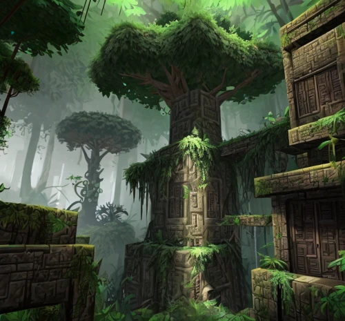 druid grove,devilwood,old-growth forest,elven forest,green forest,greenforest,mushroom landscape,cartoon video game background,tree house,the forests,background ivy,treehouse,spruce forest,ancient city,forests,rainforest,tree canopy,the forest,rain forest,tree top path