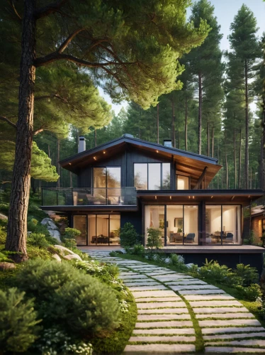 house in the forest,modern house,3d rendering,mid century house,house in the mountains,timber house,house in mountains,beautiful home,render,home landscape,japanese architecture,wooden house,dunes house,luxury property,smart house,chalet,modern architecture,luxury home,the cabin in the mountains,holiday villa,Photography,General,Commercial