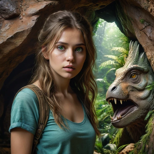 fantasy art,fantasy portrait,fantasy picture,world digital painting,digital compositing,landmannahellir,green dragon,sci fiction illustration,the girl's face,3d fantasy,forest dragon,dinosaur,dino,dinosaurs,saurian,mystical portrait of a girl,animal kingdom,digital painting,forest animals,trex,Photography,General,Natural