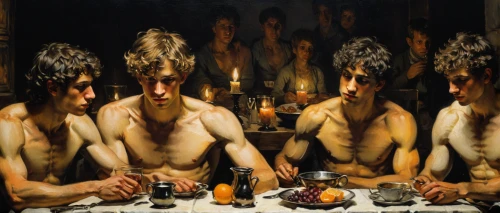 mirror image,narcissus,narcissus of the poets,mirrors,the mirror,neanderthals,repetition,dualism,smouldering torches,candlemaker,the magdalene,mirror of souls,italian painter,glass harp,orlovsky,oils,self-reflection,mirrored,split personality,neanderthal,Art,Classical Oil Painting,Classical Oil Painting 05