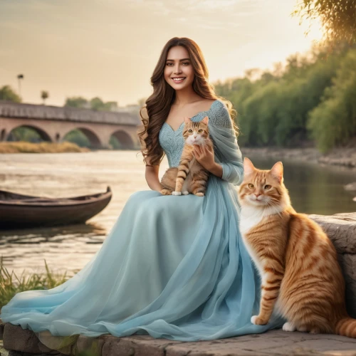 ritriver and the cat,cat european,celtic woman,girl in a long dress,cat lovers,social,romantic portrait,figaro,cat image,fantasy picture,pre-wedding photo shoot,kat,girl on the river,princess sofia,cinderella,she-cat,long dress,domestic long-haired cat,two cats,photomanipulation,Photography,General,Natural