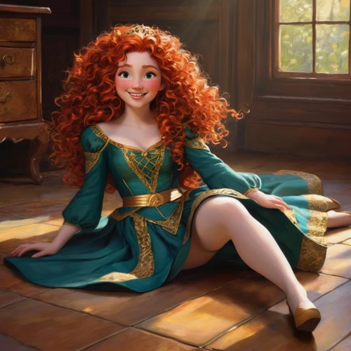 merida,princess anna,rapunzel,tiana,cinderella,disney character,ariel,celtic woman,red-haired,fairy tale character,celtic queen,princess sofia,redheads,a girl in a dress,elsa,ball gown,fantasy portrait,redhead doll,cg artwork,cavalier,Illustration,American Style,American Style 08