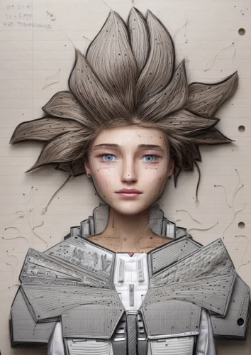 biomechanical,fractalius,silver,cynara,head woman,gray color,gray crowned,image manipulation,geometric ai file,stylograph,digital compositing,gray,cuirass,grey background,human head,grey,mechanical,paper art,cybernetics,hedgehog child,Common,Common,Photography