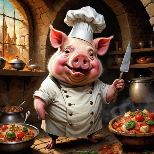 pig roast,dwarf cookin,domestic pig,pig's trotters,cooking book cover,swine,porker,pig,pot-bellied pig,pork barbecue,head cheese,pork,chef,pork in a pot,piggy,piglet,suckling pig,caterer,spanish cuisine,omnivore,Illustration,Realistic Fantasy,Realistic Fantasy 05