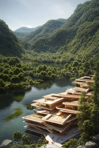 eco hotel,floating huts,japanese architecture,chinese architecture,danyang eight scenic,cube stilt houses,eco-construction,asian architecture,guizhou,tree house hotel,timber house,archidaily,floating islands,house in mountains,floating island,wooden construction,house with lake,wuyi,stilt houses,ryokan,Architecture,Campus Building,Masterpiece,Humanitarian Modernism