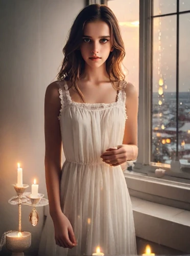 romantic look,white dress,white winter dress,girl in white dress,nightgown,candlelights,candlelight,angelic,candle light,elegant,enchanting,romantic portrait,candle,angel,white silk,burning candles,christmas angel,girl in a long dress,wedding dress,vintage angel