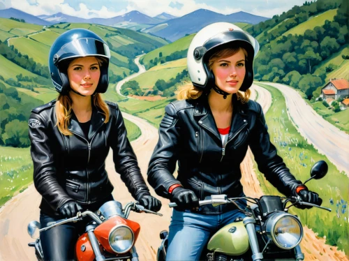 motorcycle tours,motorcycle tour,motorcycling,motorcycles,motorcycle racing,motorbike,motor-bike,grand prix motorcycle racing,motorcycle battery,two girls,motorcycle helmet,bike pop art,motorcycle,ride out,motorcyclist,riding instructor,motorcycle racer,oil painting on canvas,piaggio,vespa,Conceptual Art,Fantasy,Fantasy 04