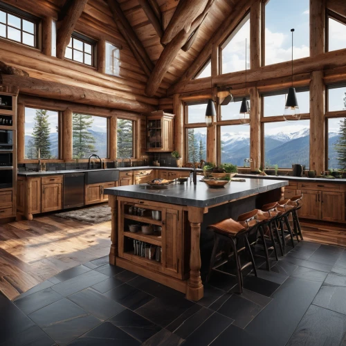 big kitchen,tile kitchen,the cabin in the mountains,kitchen design,modern kitchen,wooden windows,log home,dark cabinets,log cabin,house in the mountains,modern kitchen interior,dark cabinetry,kitchen interior,countertop,alpine style,house in mountains,kitchen table,wooden beams,kitchen counter,timber house,Photography,General,Natural