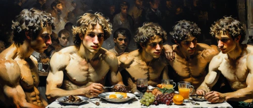 narcissus,gluttony,surrealism,narcissus of the poets,neanderthals,mirrors,the illusion,anticuchos,cannibals,repetition,hunger,neanderthal,appetite,mirror image,paleolithic,consumption,optical ilusion,primitive man,surrealistic,human evolution,Art,Classical Oil Painting,Classical Oil Painting 06