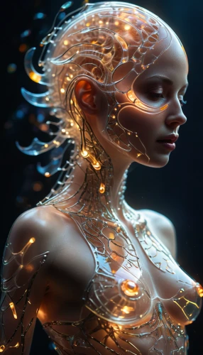 gold foil mermaid,humanoid,cybernetics,biomechanical,cyberspace,immersed,cyborg,dryad,apophysis,sci fiction illustration,andromeda,ai,siren,augmented,fractalius,mermaid vectors,artificial hair integrations,aura,neural network,3d fantasy,Photography,General,Cinematic