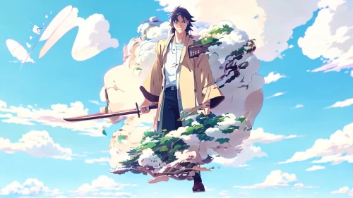 violet evergarden,floating island,airship,euphonium,air ship,flying island,sailing ship,clouds - sky,sky,summer sky,sea sailing ship,blue sky,薄雲,panoramical,skyland,voyage,skycraper,float,wanderer,caravel,Common,Common,Japanese Manga