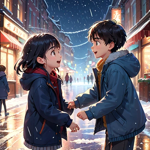 snow scene,snowfall,hold hands,christmas snow,holding hands,hands holding,little boy and girl,first snow,snow rain,warm heart,heart in hand,in the snow,boy and girl,handing out christmas presents,snowing,snow drawing,girl and boy outdoor,christmas snowy background,midnight snow,hand in hand,Anime,Anime,General