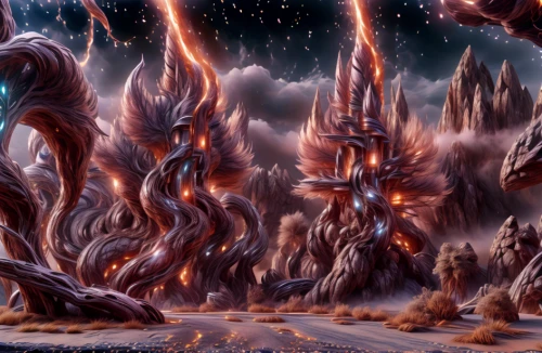 fire planet,mandelbulb,nine-tailed,buddhist hell,volcanic field,scorched earth,alien planet,fractal environment,alien world,volcanic landscape,pillar of fire,sci fiction illustration,burning earth,walpurgis night,doomsday,volcanism,fantasy landscape,terraforming,fantasy art,maelstrom